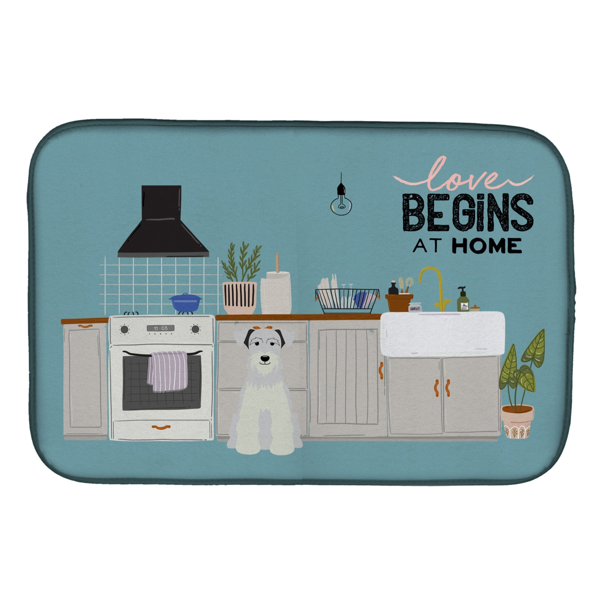 White Miniature Schnauzer Kitchen Scene Dish Drying Mat